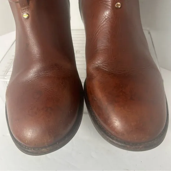 Tory Burch Women’s Leather Calf High Riding Boots Gold Tone Metal Logo Side Zip