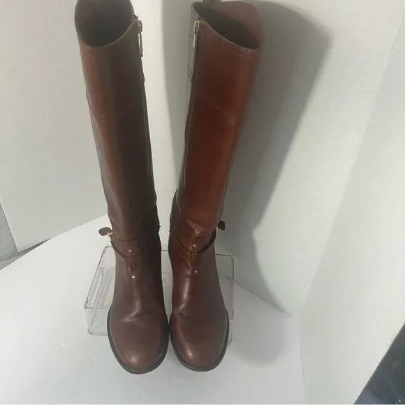 Tory Burch Women’s Leather Calf High Riding Boots Gold Tone Metal Logo Side Zip