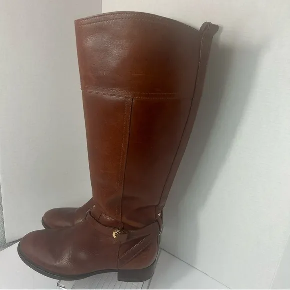 Tory Burch Women’s Leather Calf High Riding Boots Gold Tone Metal Logo Side Zip