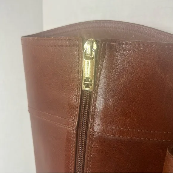 Tory Burch Women’s Leather Calf High Riding Boots Gold Tone Metal Logo Side Zip