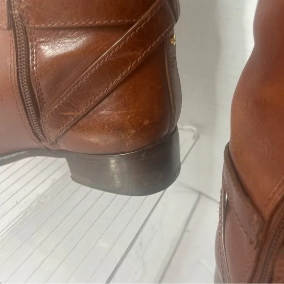 Tory Burch Women’s Leather Calf High Riding Boots Gold Tone Metal Logo Side Zip
