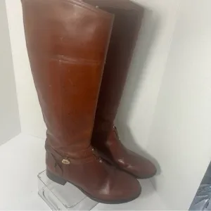Tory Burch Women’s Leather Calf High Riding Boots Gold Tone Metal Logo Side Zip