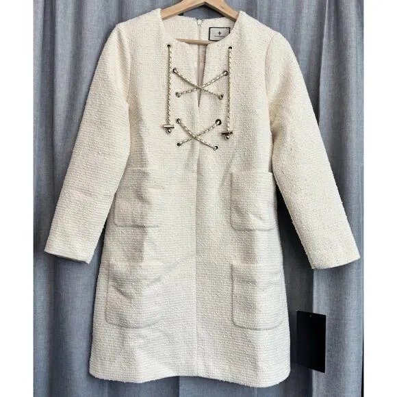 Tuckernuck NEW Blanc Ivory Tie Tweed Kelly Long Sleeve Mini Dress Size Small