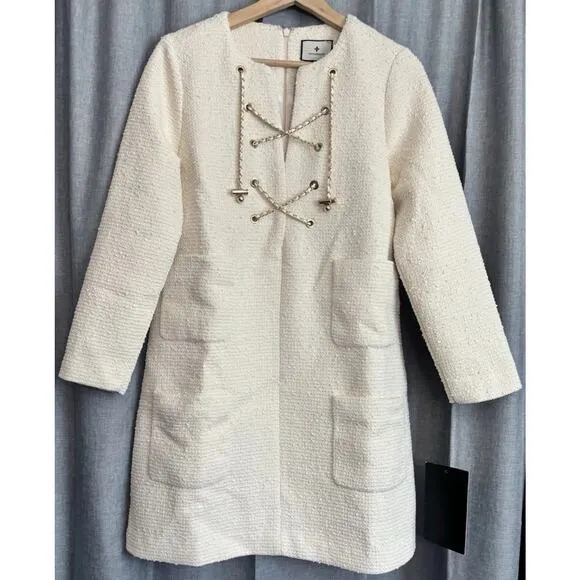 Tuckernuck NEW Blanc Ivory Tie Tweed Kelly Long Sleeve Mini Dress Size Small