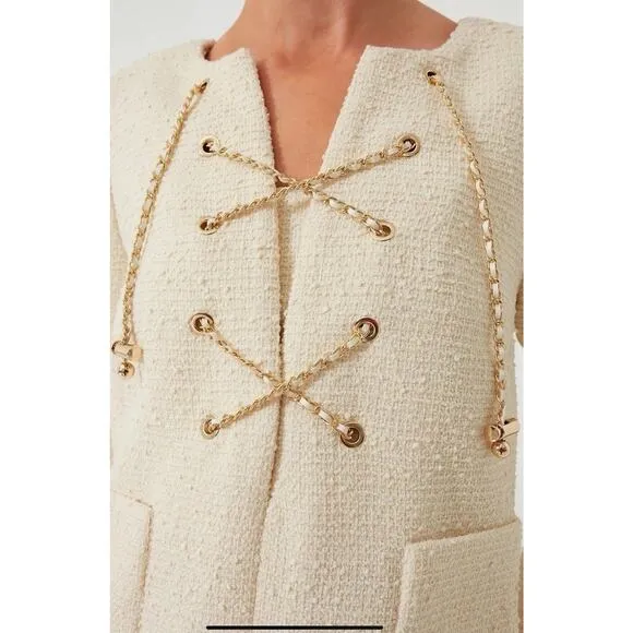 Tuckernuck NEW Blanc Ivory Tie Tweed Kelly Long Sleeve Mini Dress Size Small