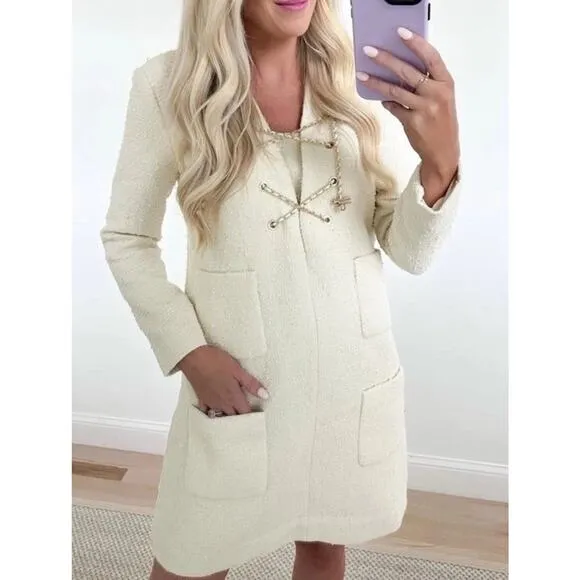 Tuckernuck NEW Blanc Ivory Tie Tweed Kelly Long Sleeve Mini Dress Size Small