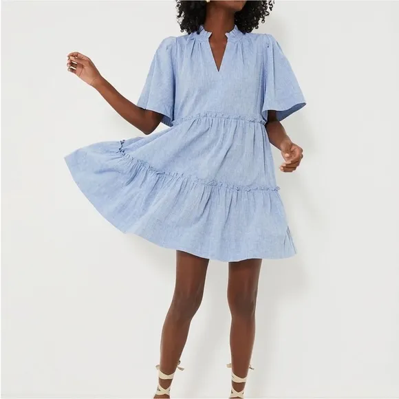 Tuckernuck NWT Chambray Crawford Dress Tiered Babydoll Cotton Linen Blue size M