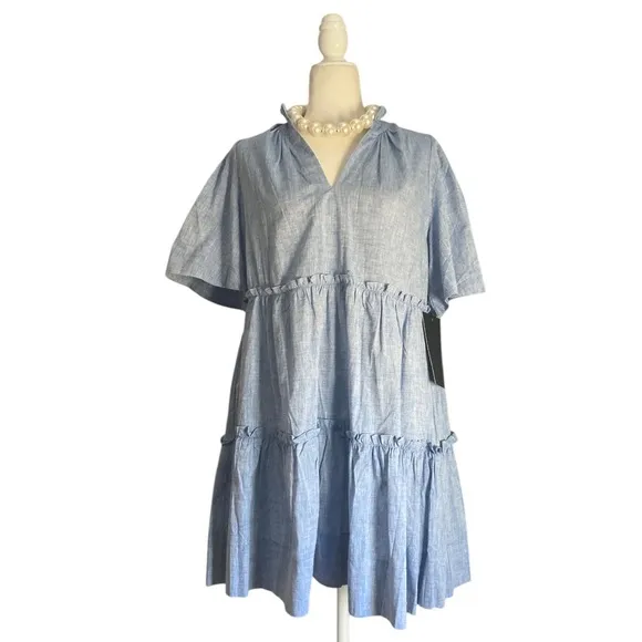 Tuckernuck NWT Chambray Crawford Dress Tiered Babydoll Cotton Linen Blue size M