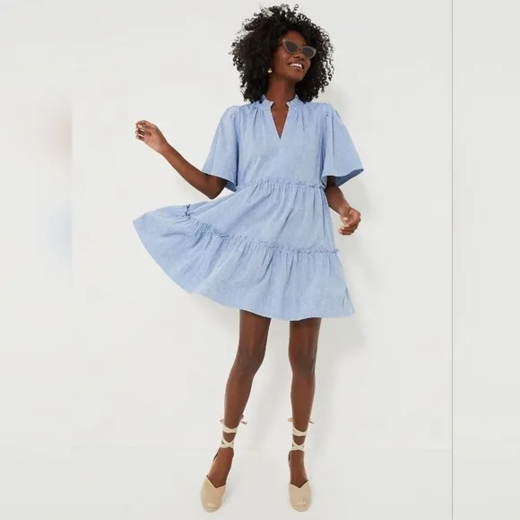 Tuckernuck NWT Chambray Crawford Dress Tiered Babydoll Cotton Linen Blue size M