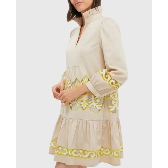 TUCKERNUCK Tan and Citron Embroidered Palmerston Dress
