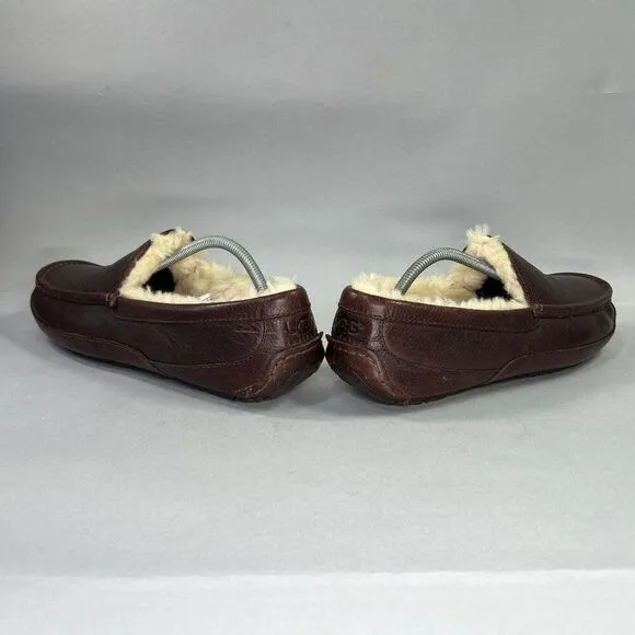 UGG Ascot Slippers Men's Size 11 Brown Leather Shearling Lined Slip On Shoes