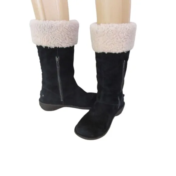UGG Black Karyn Mid Calf Sheepskin Cuff Suede Leather Boots Size 7 Womens Side Z