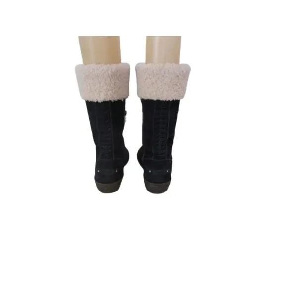 UGG Black Karyn Mid Calf Sheepskin Cuff Suede Leather Boots Size 7 Womens Side Z