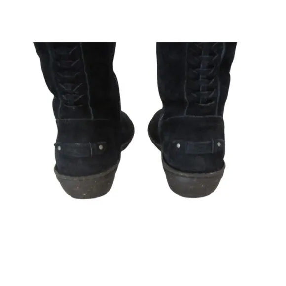 UGG Black Karyn Mid Calf Sheepskin Cuff Suede Leather Boots Size 7 Womens Side Z