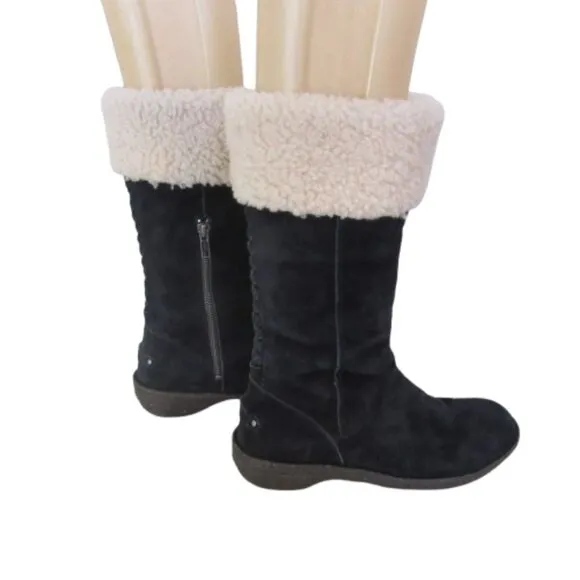 UGG Black Karyn Mid Calf Sheepskin Cuff Suede Leather Boots Size 7 Womens Side Z