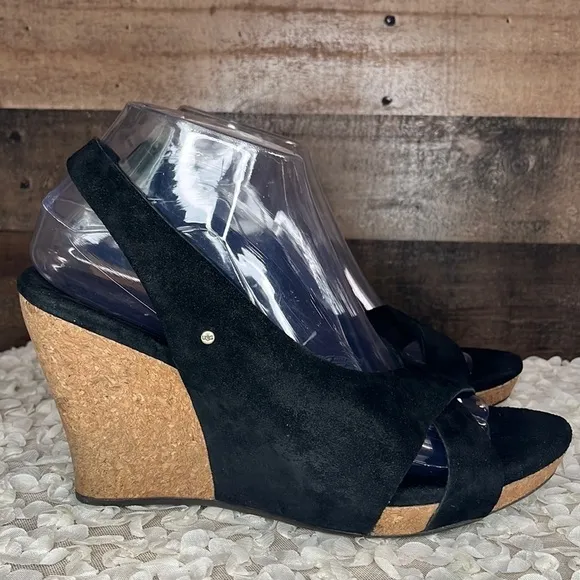 UGG BLACK SLINGBACK OPEN TOE SUEDE WEDGES Size 8