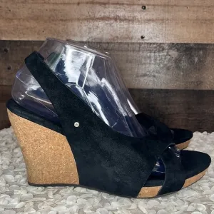 UGG BLACK SLINGBACK OPEN TOE SUEDE WEDGES Size 8