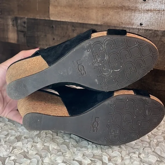 UGG BLACK SLINGBACK OPEN TOE SUEDE WEDGES Size 8