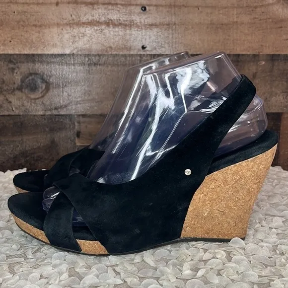 UGG BLACK SLINGBACK OPEN TOE SUEDE WEDGES Size 8