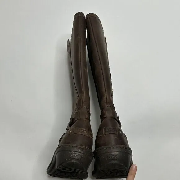 UGG Boots 7 Brown Leather Riding Lined Side Zip 1005450 Womens Buckles