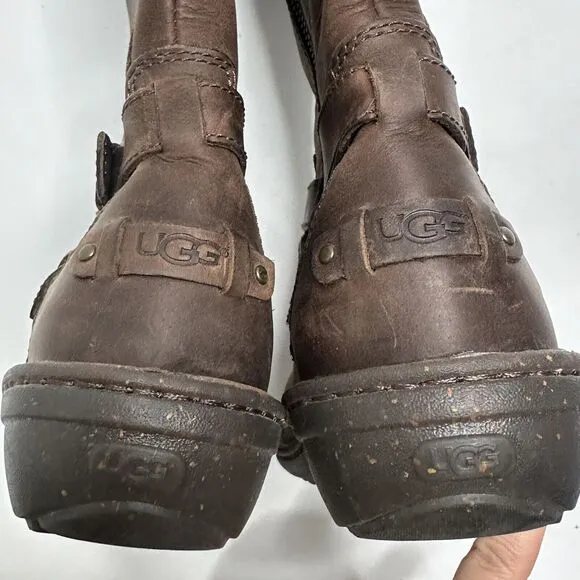 UGG Boots 7 Brown Leather Riding Lined Side Zip 1005450 Womens Buckles