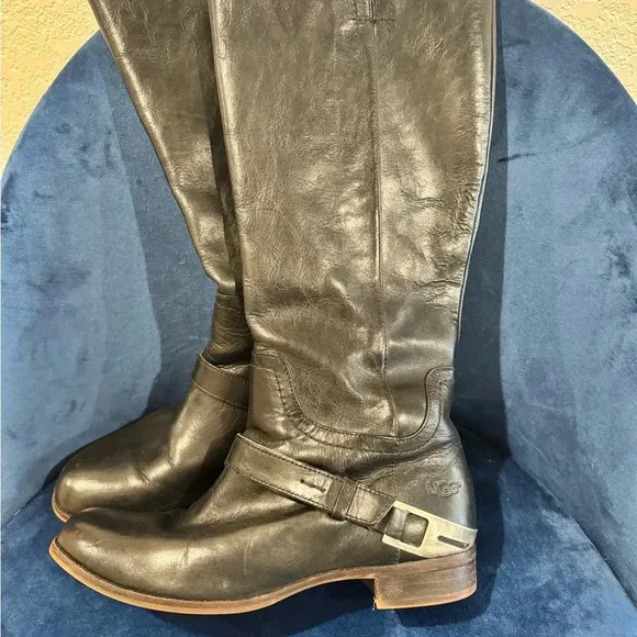 UGG Channing II Black Leather Riding Boots Silver Hardware