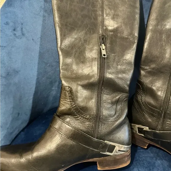 UGG Channing II Black Leather Riding Boots Silver Hardware