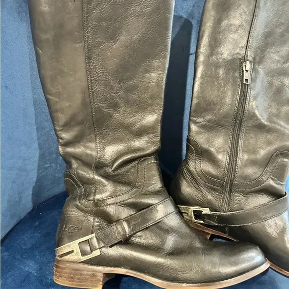UGG Channing II Black Leather Riding Boots Silver Hardware