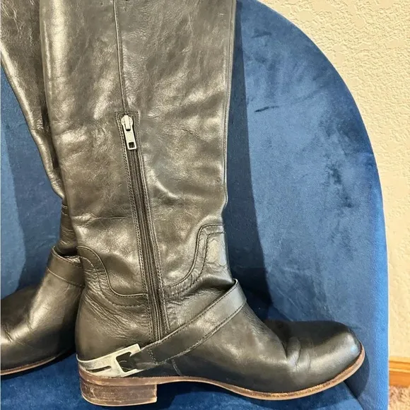 UGG Channing II Black Leather Riding Boots Silver Hardware