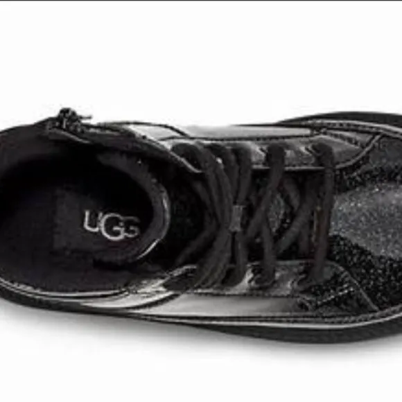 UGG Girls Size 4 Black Robley Glitter Boots Side Zip Lace Shiny EUC