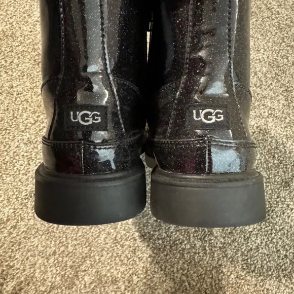 UGG Girls Size 4 Black Robley Glitter Boots Side Zip Lace Shiny EUC