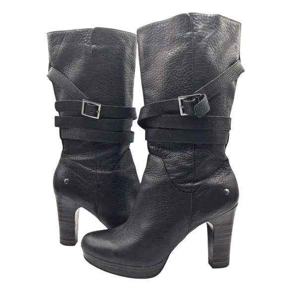 UGG Jardin Platform Boots Womens Size 10 Black Leather Buckle Straps Side Zip Mi
