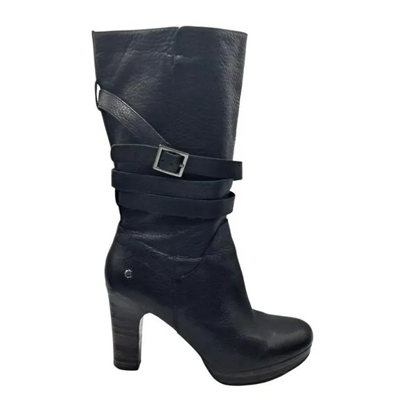 UGG Jardin Platform Boots Womens Size 10 Black Leather Buckle Straps Side Zip Mi