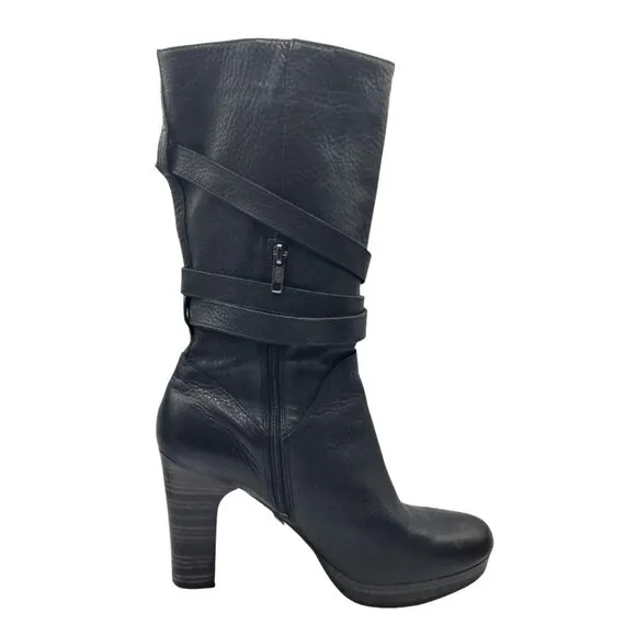 UGG Jardin Platform Boots Womens Size 10 Black Leather Buckle Straps Side Zip Mi