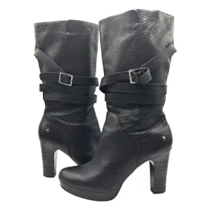 UGG Jardin Platform Boots Womens Size 10 Black Leather Buckle Straps Side Zip Mi