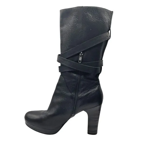 UGG Jardin Platform Boots Womens Size 10 Black Leather Buckle Straps Side Zip Mi