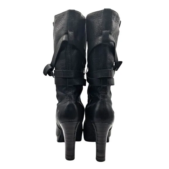 UGG Jardin Platform Boots Womens Size 10 Black Leather Buckle Straps Side Zip Mi