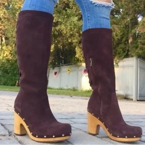 UGG Rumer Weave Chocolate brown suede Leather Tall Clog Boots Size 5