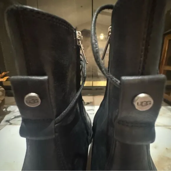 Ugg Women’s Black Leather Oriana Lace Up Side Zip Block Heel Boots Size 9