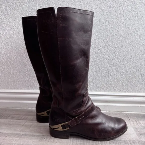 UGG Women's Channing II Riding Boots size 10 Brown Leather Tall Harness Side Zip