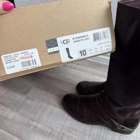 UGG Women's Channing II Riding Boots size 10 Brown Leather Tall Harness Side Zip