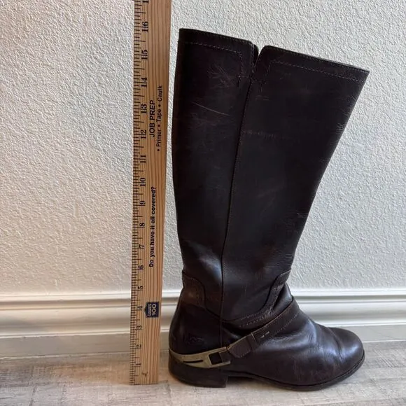 UGG Women's Channing II Riding Boots size 10 Brown Leather Tall Harness Side Zip