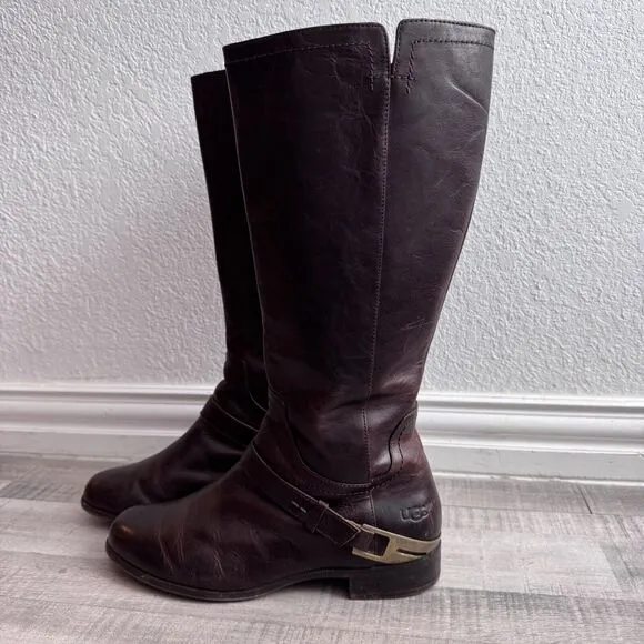 UGG Women's Channing II Riding Boots size 10 Brown Leather Tall Harness Side Zip