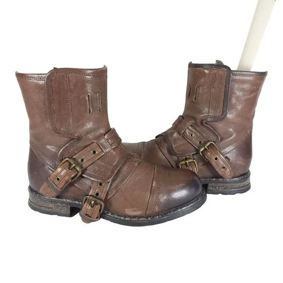 Ugg Women's elizabetha RARE US 7,5 Leather Brown Side Zip Moto Biker boots