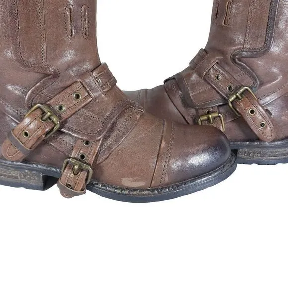 Ugg Women's elizabetha RARE US 7,5 Leather Brown Side Zip Moto Biker boots