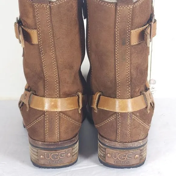 Ugg Women's Endell US 7 Brown Suede Sheepskin Lined Side Zip Moto Biker boots