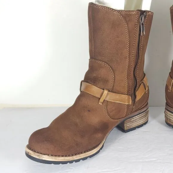 Ugg Women's Endell US 7 Brown Suede Sheepskin Lined Side Zip Moto Biker boots