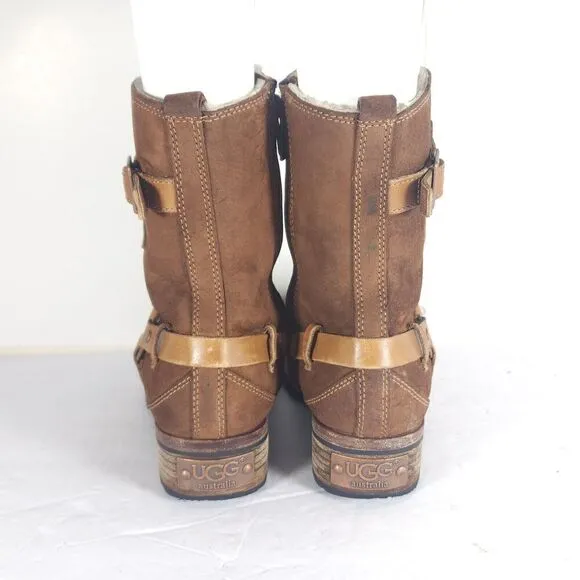 Ugg Women's Endell US 7 Brown Suede Sheepskin Lined Side Zip Moto Biker boots