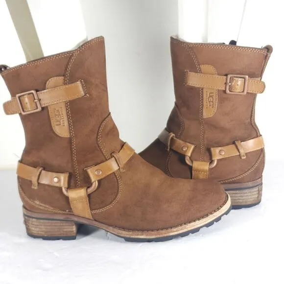 Ugg Women's Endell US 7 Brown Suede Sheepskin Lined Side Zip Moto Biker boots