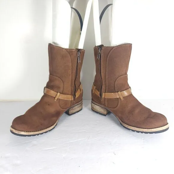 Ugg Women's Endell US 7 Brown Suede Sheepskin Lined Side Zip Moto Biker boots